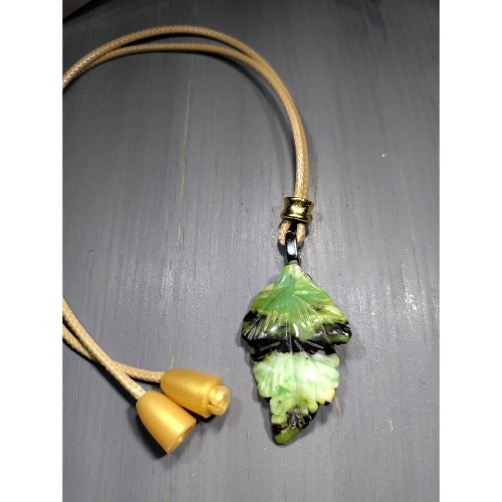 Chrysoprase Carved Leaf Pendant Necklace Waxed Cord 18in Break Away Closure